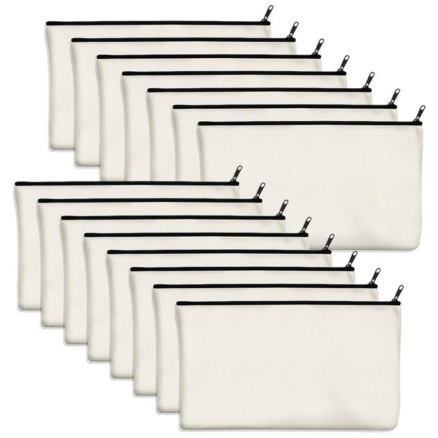 TEMU 15pcs Blank Diy Zipper Bags - Unisex Craft Pouches For Makeup, Toiletries, And Stationery Storage, Hypoallergenic, White With Black Zippers, Toiletry Bag Accessories