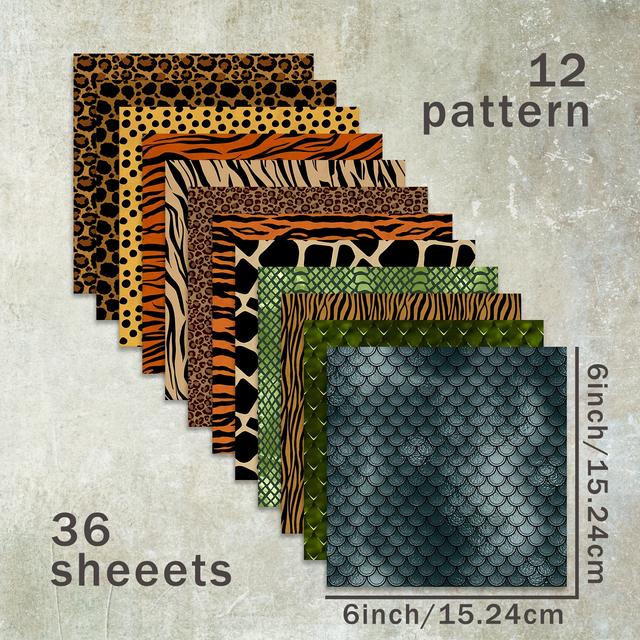 TEMU กระดาษสแครปบุ๊คลายเสือดาวขนาด 6 นิ้ว ลายพิมพ์เสือและเกล็ดปลา 36 แผ่น เหมาะสำหรับสมุดบันทึกแบบลูกศร นิตยสารขยะ การ์ดอวยพร อัลบั้มรูป และงานฝีมือ