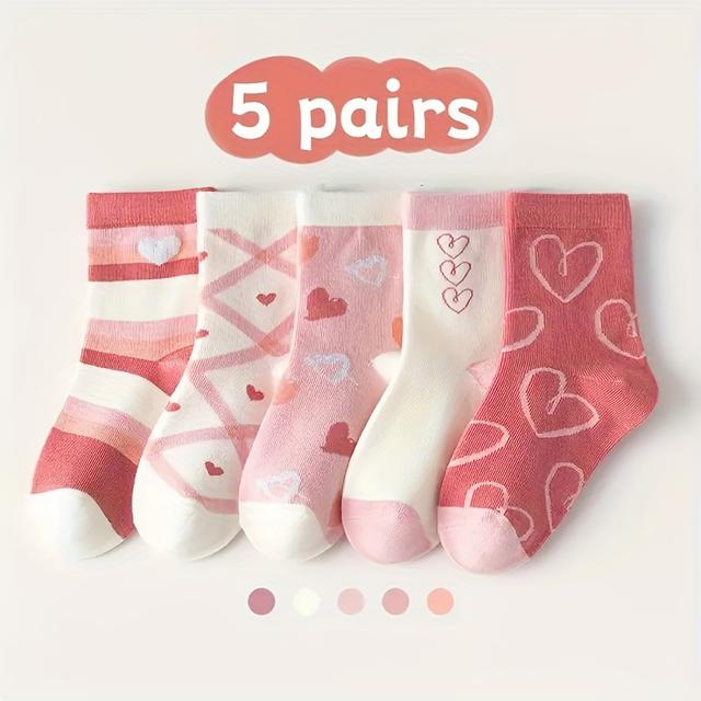 TEMU 5 Pairs Of Cute Pink Heart Mid-calf Socks, Sweet And Versatile, Breathable Fiber, Suitable For , Breathable Mid-calf Socks For Girls