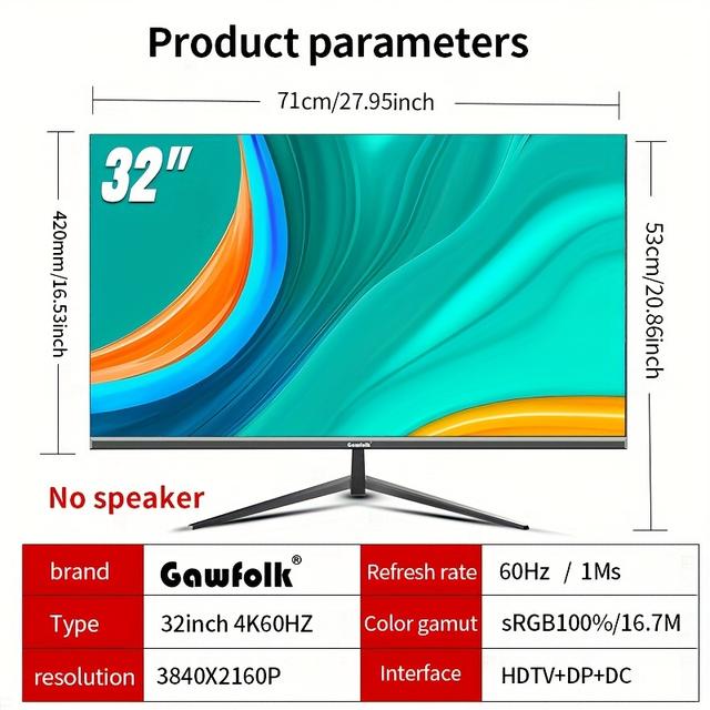 TEMU Gawfolk 32-Zoll UHD (3840 x 2160) 4K Hochauflösend, 60Hz Rahmenloser Direktfront-Computermonitor, IPS-Panel, VESA-Unterstützung