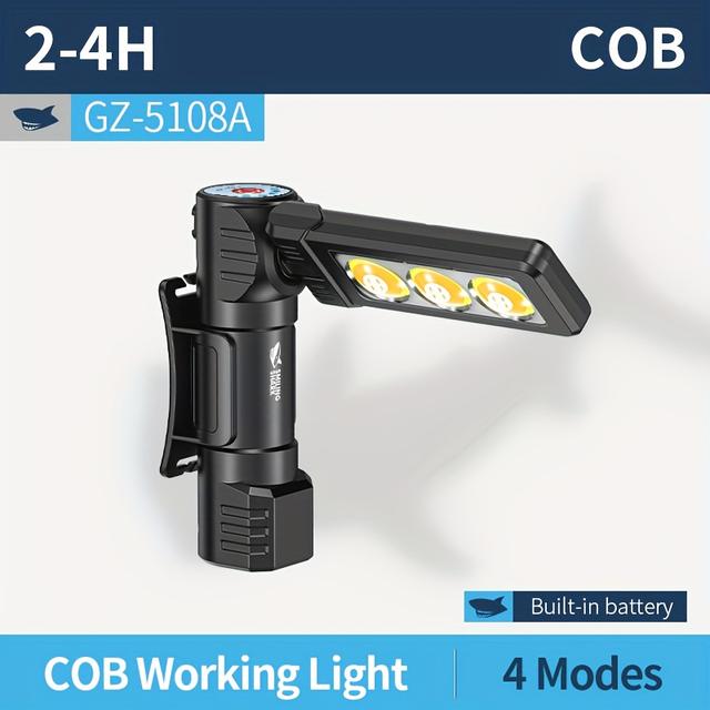 TEMU 1pc Smiling Shark Cob Flashlight, 180° Rotating Heavy-duty Work Light, -c Fast Charging, 4-in-1 Light , Long-lasting For Auto Repair & Camping