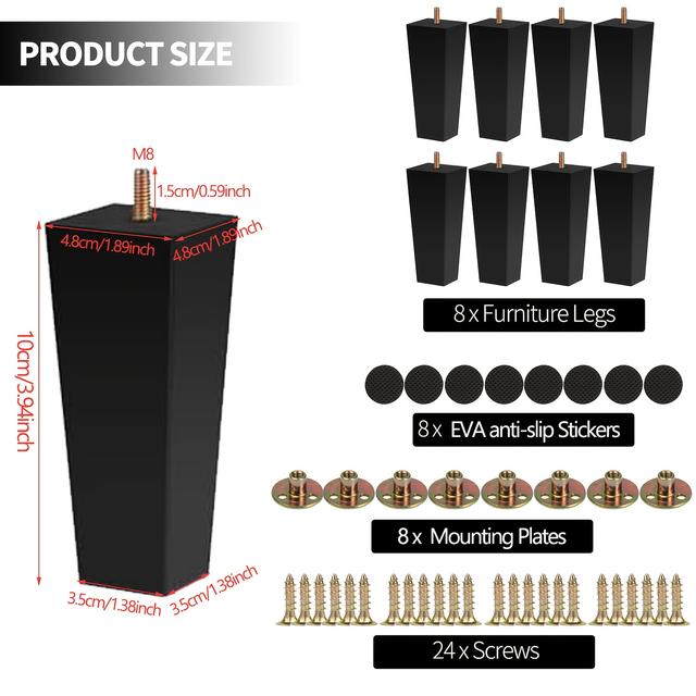 TEMU 8pcs Black Solid Legs, Replacement Sofa Legs, Mid- Legs For Armchairs, Beds, Dressers, Cabinets, Including Hardware
