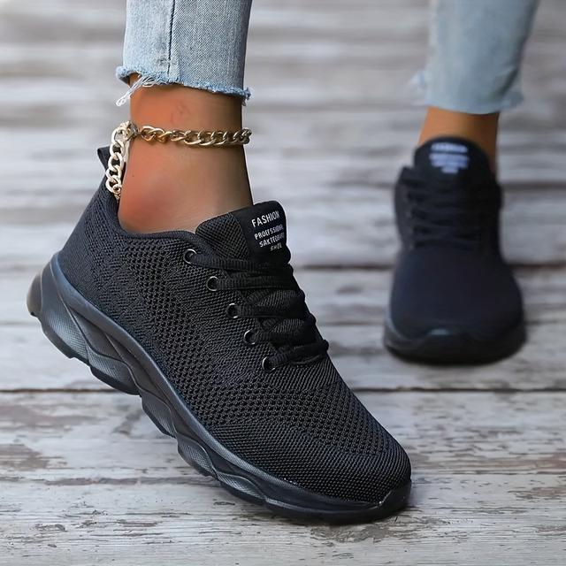 TEMU Lätta, ventilerande svarta löparskor för dam, lämpliga för alla årstider, med stickad design och snörning för avslappnad promenad, damskor, sneakers