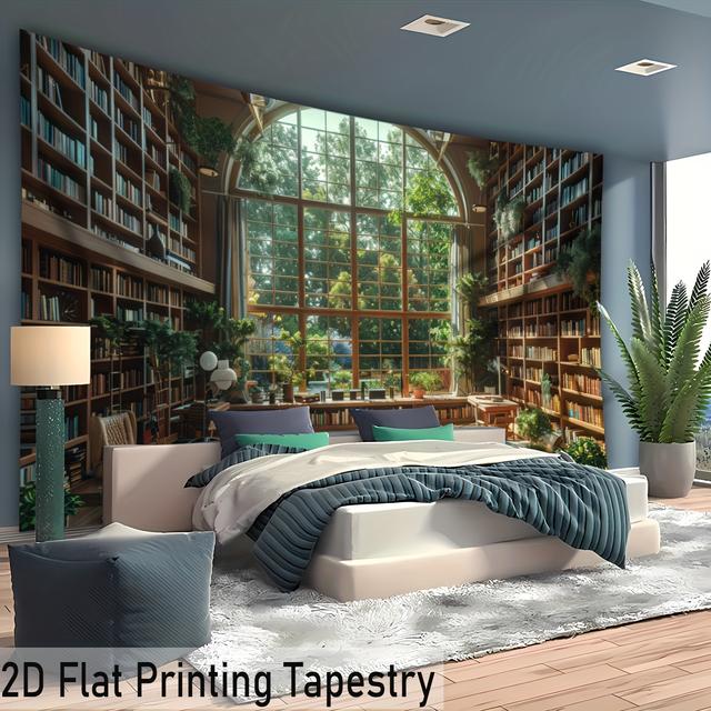 TEMU 1 Pieza - Tapiz de Paisaje Biblioteca , Impresión Grande en Poliéster HD Estético - Decoración para Sala o Dormitorio con Clips Colgantes Incluidos