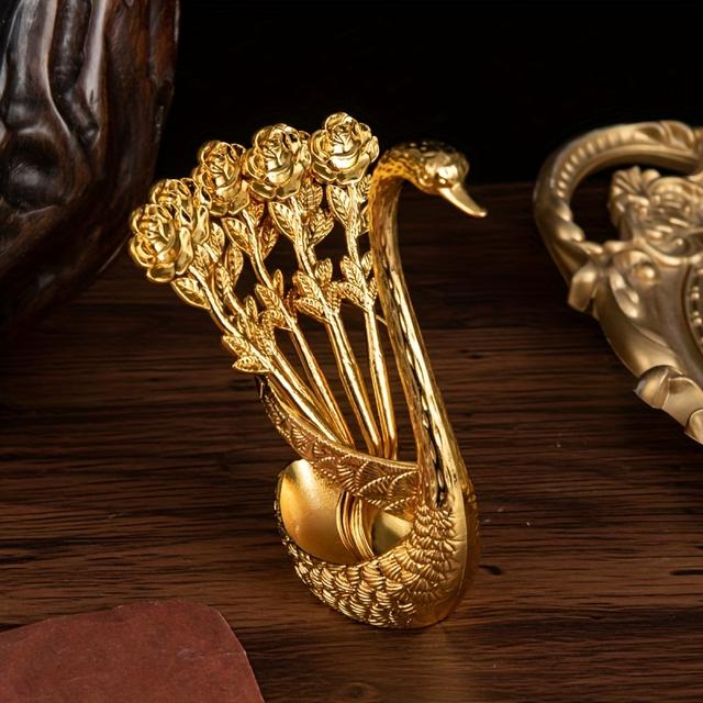 TEMU Swan Spoon Holder Set With 6 Rose-shaped Teaspoons, Elegant Metal Swan Base Tabletop Decor, Ideal For Wedding Gifts And Special Occasions