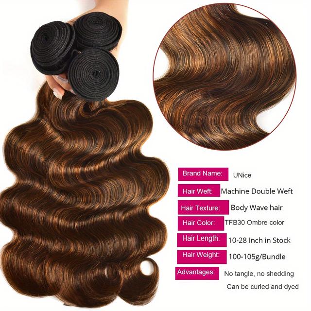 TEMU 3 Bundles Unice Brazilian Remy Human Hair Weave - Brown & Blonde Ombre Body Wave Sew-in Wig Extensions (14/16/18 Inch) Highlights, Tfb30 For Black/brown Hair, Men &, Volume & Length