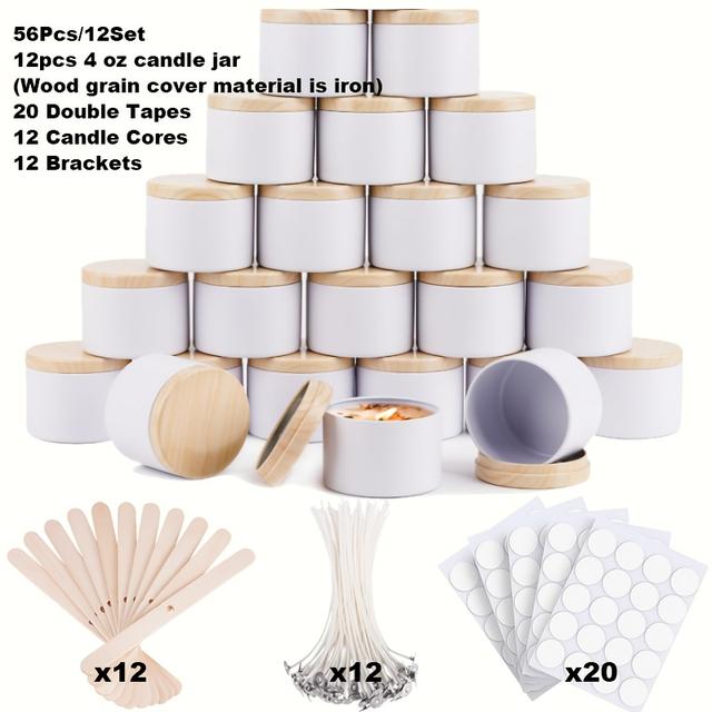 TEMU Set Of 12 White Candle Tins, 56pcs Total, Featuring 4oz Matte Jars With Lids, Ideal For Candle Crafting, Including Wick Holders And Stickers, Perfect For Projects And Small Item Organization