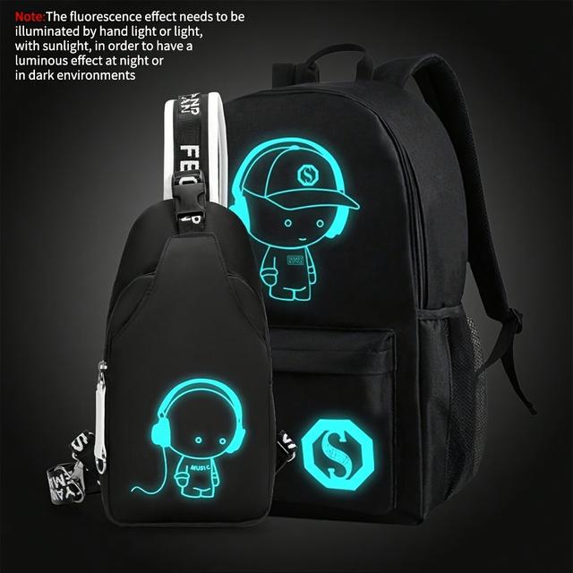 TEMU Conjunto de 2 peças: Mochila e Bolsa de Peito que Brilham no Escuro, Estampa de Músicos em Oxford, Grande Capacidade, Leve, para do Ensino e , Estampa de Cinta