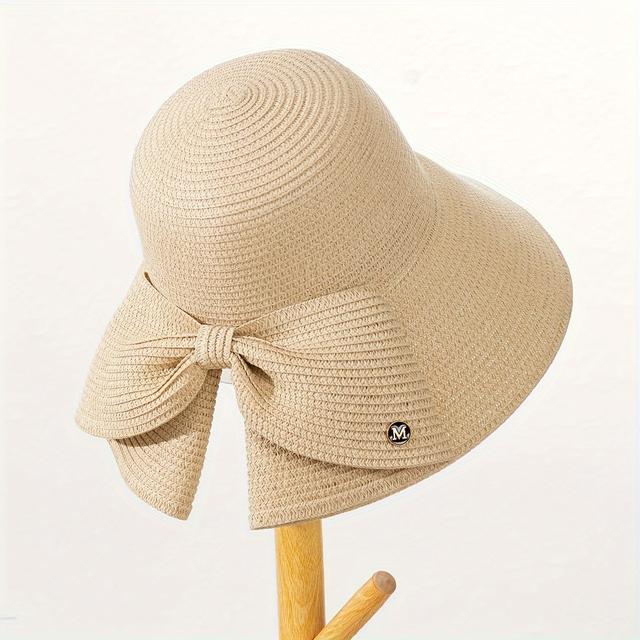 TEMU 女性のつば広スプリットリボン麦わら帽子 - 夏の日差し対策ビーチキャップ、折りたたみ可能、織り紙素材、羽なし、非弾性、新年のアウトドアイベントに最適