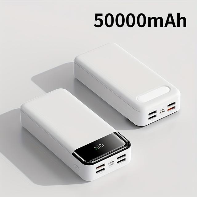 TEMU Bank Móvil con una Capacidad de 50000Mah, que una Linterna, Pantalla LED, Puertos USB y Conexiones Micro/Type-C. Es Compatible con Dispositivos Iphone, SAMSUNG y