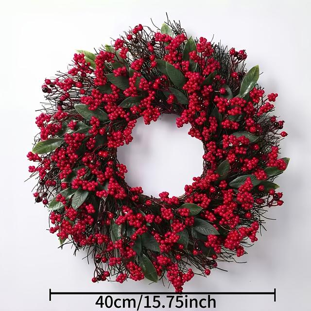 TEMU 1 szt. 40 cm/15,75 cali Boho Czerwony Wieniec z Owocami i Jagodami - Sztuczna Dekoracja na Drzwi na Boże Narodzenie, Chanukę, Wielkanoc, Święto Dziękczynienia - Plastikowy Wieniec na Drzwi