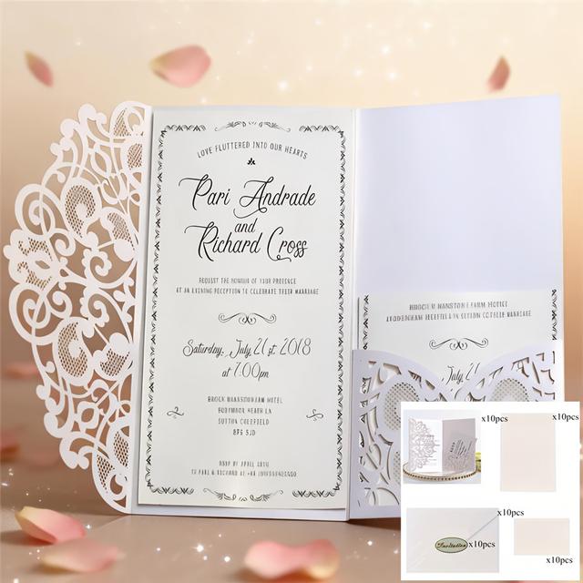 TEMU 50pcs Laser Cut Pearl Paper Wedding Invitations Card With Inner Cards Envelope Pocket For Wedding Anniversary Marriage Party Invite Supplies
