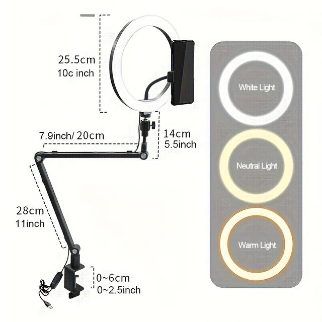 TEMU Adjustable Overhead Camera Mount With 26cm , Aluminum Alloy Phone Tripod Stand For Iphone, Non-waterproof Desk Light For Video Recording, Vlog, Tiktok, Live Streaming, Cooking