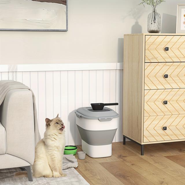 TEMU Pawhut Dog Food Storage Container, Collapsible 11-55lb Food Container With Airtight , Rolling Wheels, Pet Food Storage Bin With Cup, Bowl, Spoon, Grey