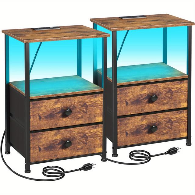 TEMU Amhancible 2pcs Night Stand, Led Bedside Table Featuring A Charging Station, End Tables With A Storage Shelf, And 2 Fabric Drawers For The Bedroom.