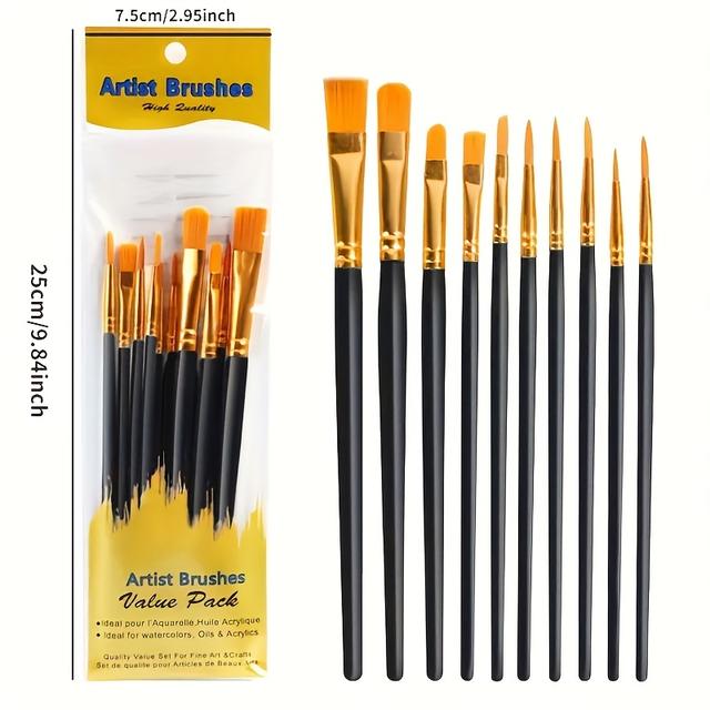 TEMU 10pcs Pink Plastic Paintbrush Set With Golden Handles - Ideal For Acrylic, Oil, Watercolor Painting - Body, Face, Rock Canvas Art - Adult Craft, Industrial Painting Kit, Artist Painting Supplie