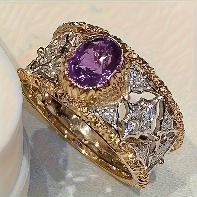 TEMU Vintage Exquisite Micro-pave Synthetic Zirconia Wide-band Ring Set With Purple Synthetic Synthetic Zirconia, Elegant Jewelry For Women, Engagement Wedding Jewelry, Anniversary Gift