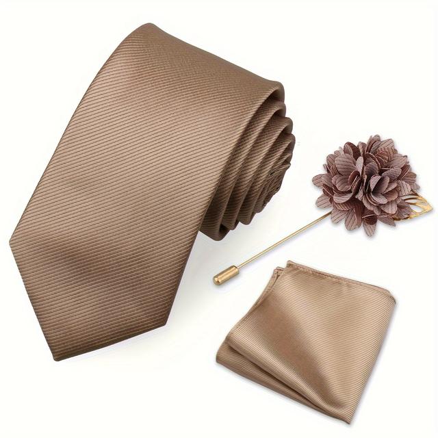 TEMU Men's Tie, Pocket Square, And Lapel Pin Set - -piece Gift For Men, Featuring Boutonniere, Solid Color Ties, Striped Ties, And Wedding Ties Suitable For Banquets And Parties.