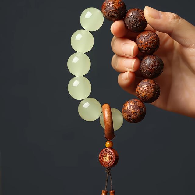 TEMU Vintage Style Hand Carved Wooden Beads With 12mm Lacquered Beads, Classic 20mm Handmade Wooden Bead Bracelet With Tassel Pendant, Unisex Beads For Meditation, Ideal Gift For Couples