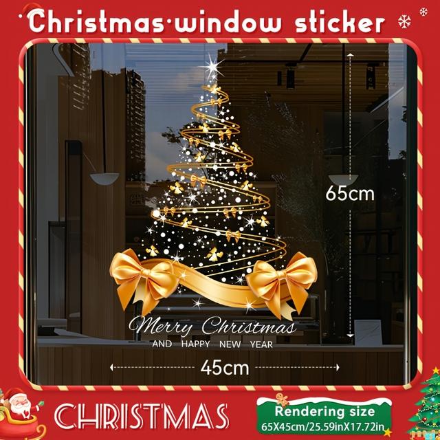TEMU 1pc Of Golden Christmas Tree Large Bow Printed Static Cling Sticker 2025 Christmas Decoration Sticker For Bedroom, Living Room, Window Decor, Removable And