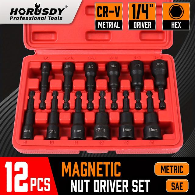 TEMU 12pcs Magnetic Nut Driver Set, Metric & Imperial Size, Impact Socket Drill Bit Adaptor 1/4" Hex Shank Heavy Duty With Storage Case