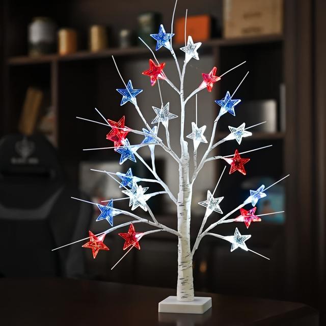 TEMU July 4 Day Decoration Patriotic Tree Lights, 24 Led Red White And Lights, Usb/battery Powered Lighting Desktop Artificial Birch Tree, Suitable For Day Party Decoration