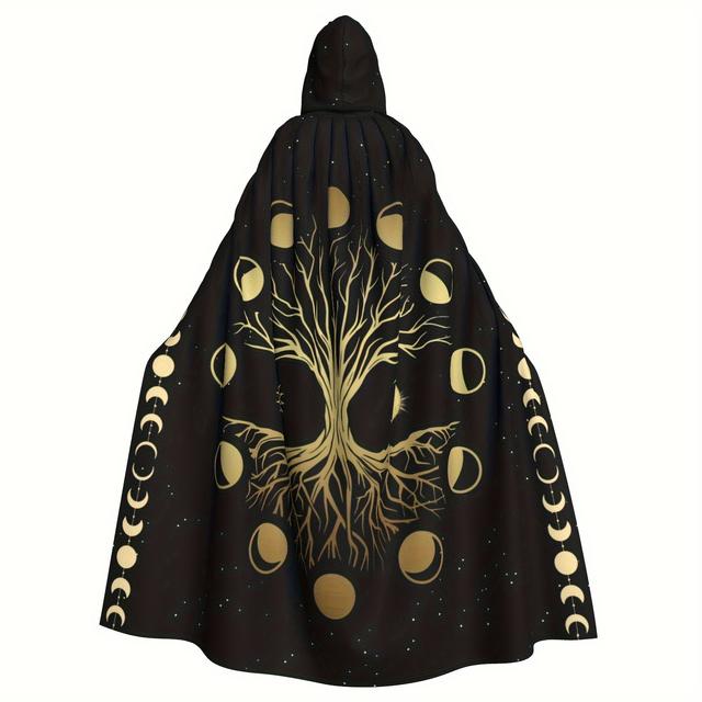 TEMU & Tree Medieval Hooded Cloak - 58x60" Vintage Cosplay Costume For Halloween, Christmas | Adult Dress-up Robe With Geometric Patterns