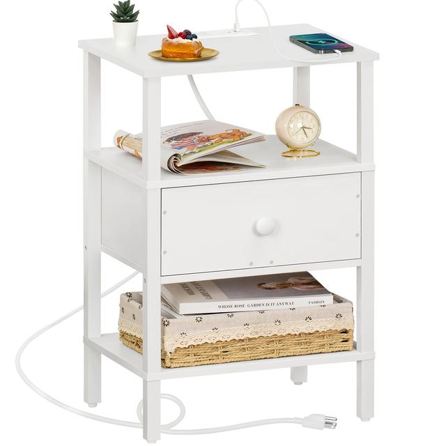 TEMU Nightstand With Charging Station And Usb Ports, 3-tier Storage End Table With Drawer Shelf, Night Stand For Small Spaces, Wood Bedside Table For Living Room, Bedroom - Elegant White