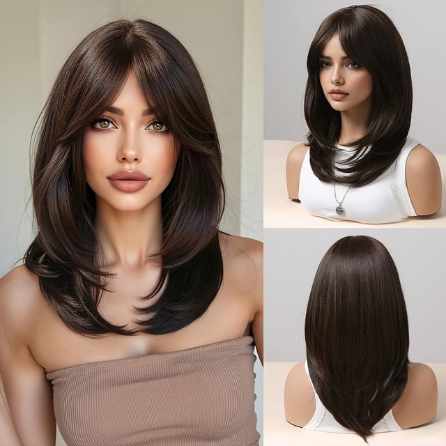 TEMU Chic 18" Layered Wig With Bangs For Women - Soft, Synthetic Hair, Daily Wear, Work, Christmas & Festivals
