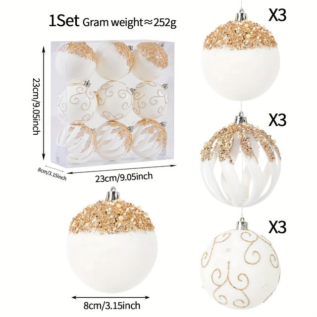 TEMU White Golden Christmas Tree Ornaments - Satin Christmas Ball Ornaments Luxury For Holiday Party Indoor Decorations - 80mm 3.15inch Pack Of 9
