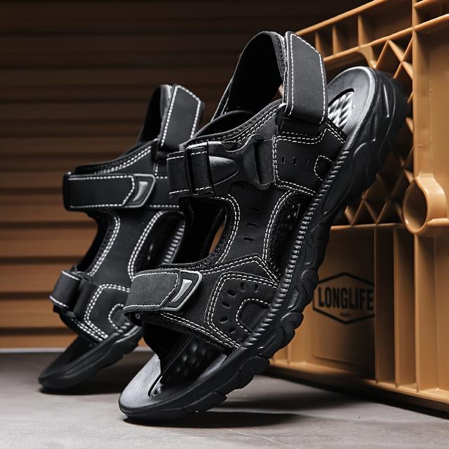 TEMU Men's Casual Summer Sandals - Black, With Hook-and-loop Closure, Comfortable Eva Sole, Breathable Design, Suitable For Outdoor And Casual Wear, Lace-up Sandals