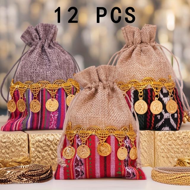 TEMU Gift For Her/him 12pcs Drawstring Bag Traditional Indian Cloth Bag. The Perfect Cloth Bag For Jewelry, Weddings, Birthday Parties