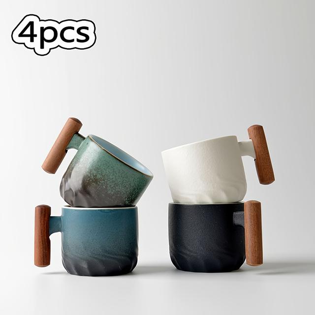 TEMU 2/4pcs Ceramic Espresso Cups, 70ml/2.37oz Ceramic Vintage Coffee Mug With Wooden Handle, Porcelain Espresso Shot Cups Japanese Tea Cups For Home , Gift For Tea/