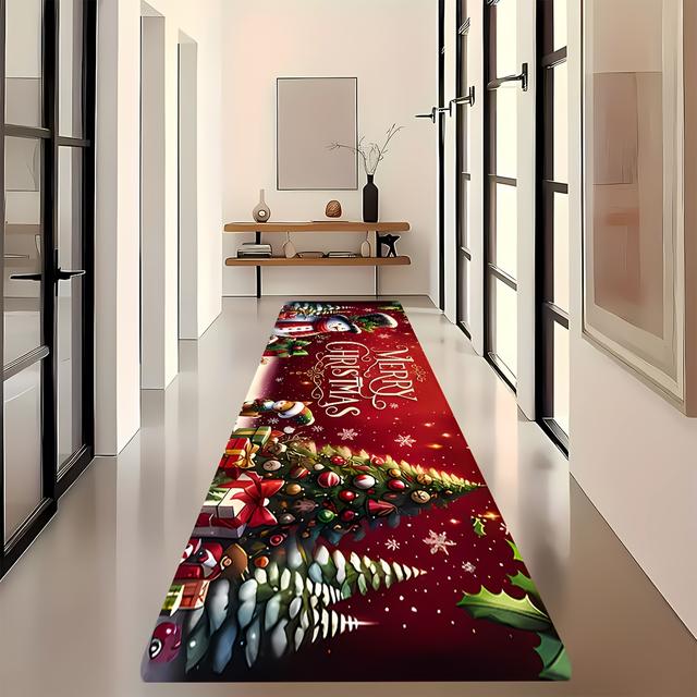 TEMU 1pc Merry Christmas Snowman Hallway Rug, Red And Green With Tree & Deer Designs, Non-slip Washable Decor For Kitchen, Dining Room, Bathroom, Bedroom Entry