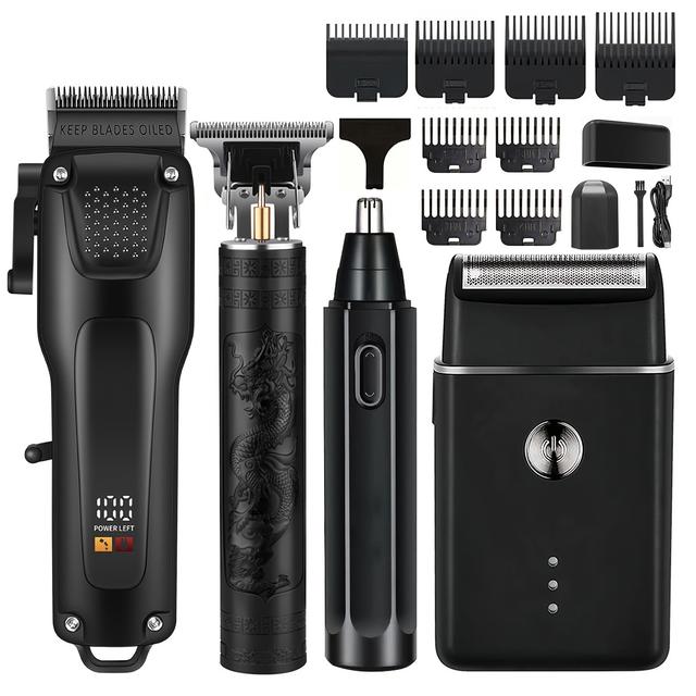 TEMU 4pcs Men's Hair Clipper Set - Rechargeable Grooming Kit With Nose Trimmer, Electric Shaver, Detail Trimmer, Ideal Father's Day Gift, Usb Charging, Equipped With Limit Combs, Valentine's Day Gift