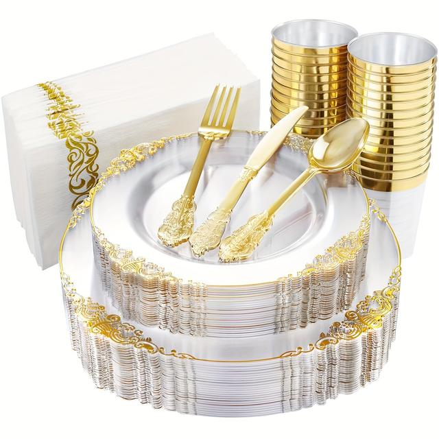 TEMU 70pcs Disposable Clear Plastic Cutlery Set, Court Style Party Plates For 10 Guests, Includes Plates, Snack Plates, 10oz Cups, Cutlery, And Napkins, Perfect For Parties, Gatherings, And Weddings