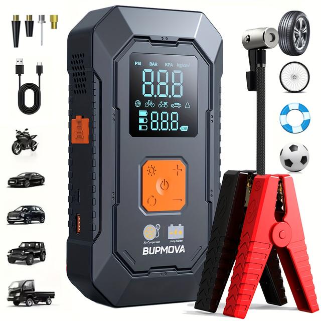 TEMU 8000a Car Jump Starter With Air Compressor Cordless Tire Inflator, Battery Booster With Power Bank Pack & Led Flashlights, 12v Auto Jumper Gas Or 10.0l Vehicles