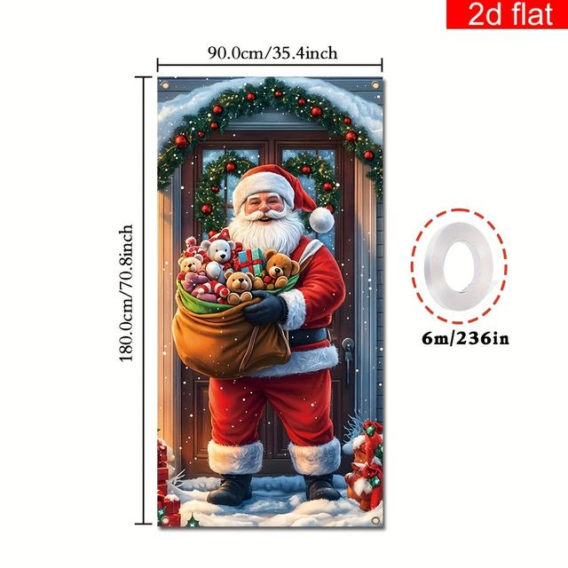 TEMU 2d Flat Banner, 1pc Merry Christmas Door Cover Banner, Polyester, Funny Santa Bear Gift Pattern, For Christmas Eve New Year Holiday Party Front Door Home Wall Decor 70x35 Inch
