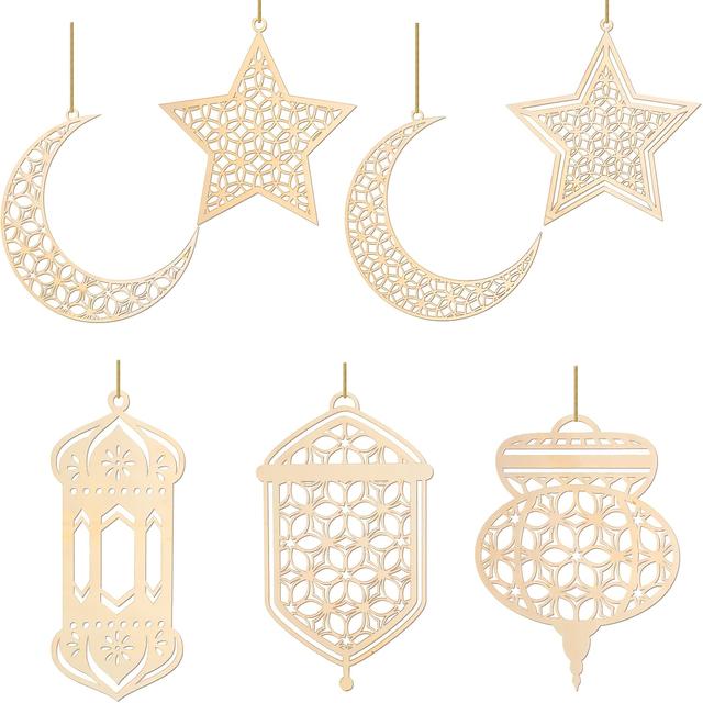 TEMU Set med 7 träprydnader för Ramadan, med 3D ihåliga måne- och stjärndesigner, för att upp som dekorationer under -firanden och islamiska fester