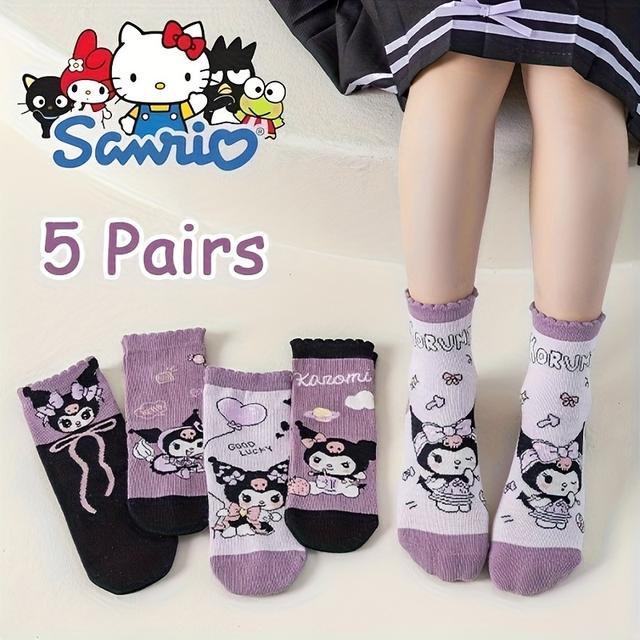 TEMU 5-paar Meisjes Crew Sokken Kuromi Cartoon Schattig Zwart Warm Ademend Comfortabel Zacht voor Lente Herfst Dagelijks