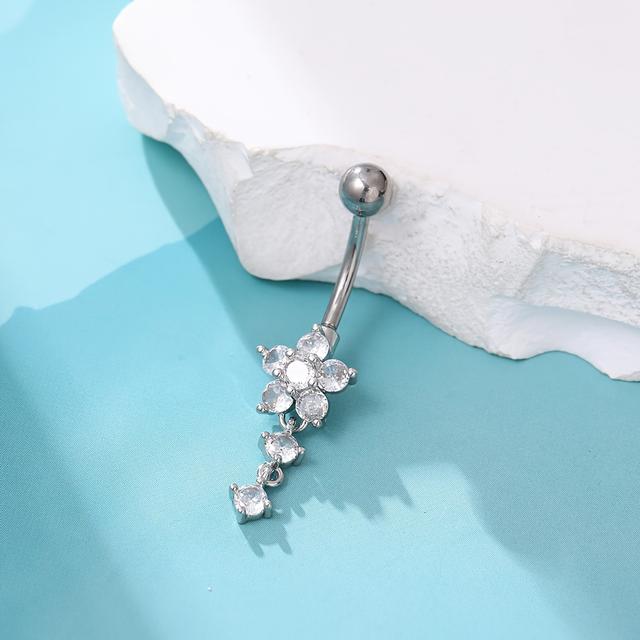 TEMU Csillogó cirkónia virágos bojtokkal ellátott rozsdamentes acél navel piercing nőknek