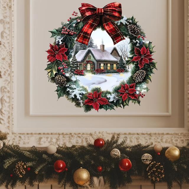 TEMU Christmas Wreath & Window Cling - Self-adhesive Holiday Decor For Living Room Glass, Christmas Home Decor