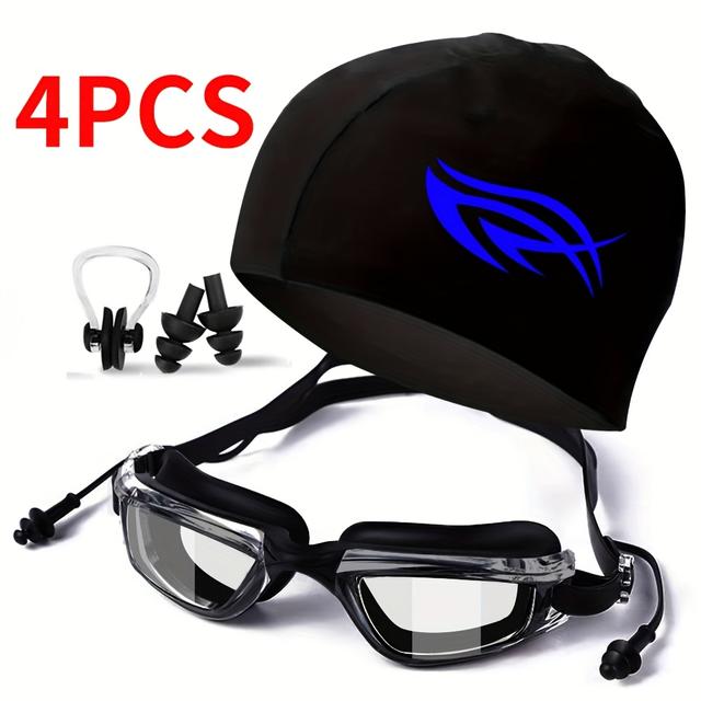 TEMU 4pcs Adjustable Swimming Goggles, Swim Cap, Nose Clips, And Earplugs Set For Men And Women | Ideal For Swimming Activities