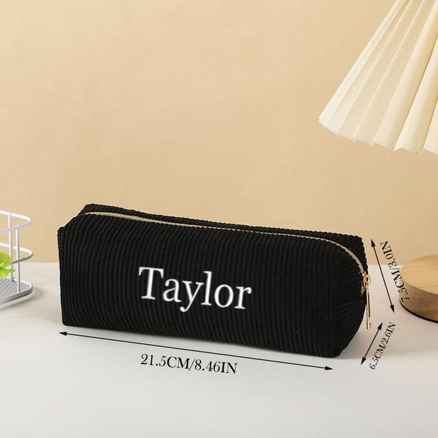 TEMU 1pc Custom Embroidered Name Corduroy Pencil Case - Zippered Pastel Makeup & Stationery Organizer For School, Office, Classroom Supplies - Durable Desk Accessory Storage Bag