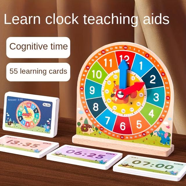 TEMU 1 Set Wooden Educational With Cards - Colorful Time Teaching Aid For Kids, Math & Cognitive Skills Development - Ideal For , Christmas, Easter Gifts, Educational Gift|| , Clock Learning Aids