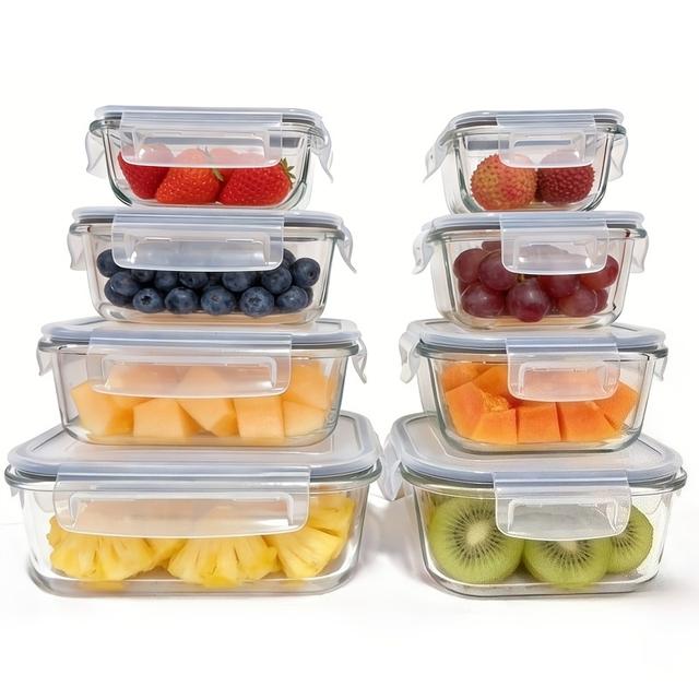TEMU 16pcs Set, 8 Glass Bowls + 8 Lids, Airtight Leak-proof Food Storage Containers With Lids, Microwave, Oven, Freezer, And Dishwasher Safe And Prep Set