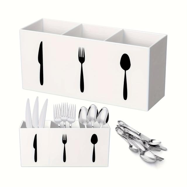 TEMU 3-tier Plastic Utensil Organizer – Large Durable Cutlery Storage Box For Forks, Knives, Spoons & Napkins, Kitchen & Dining Table Essential ()