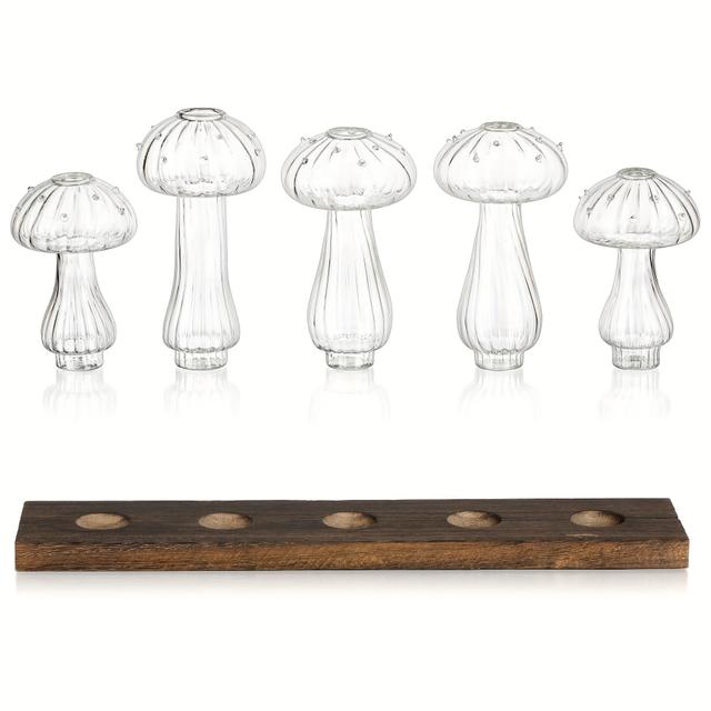 TEMU 5pcs Cute Mushroom Glass Planter Unique Propagation Stations Jars Plant Terrarium With Wooden Stand For Indoor Plants Clear Glass Bud Vase Cool Birthday Gifts For Women Mom Plant Lovers