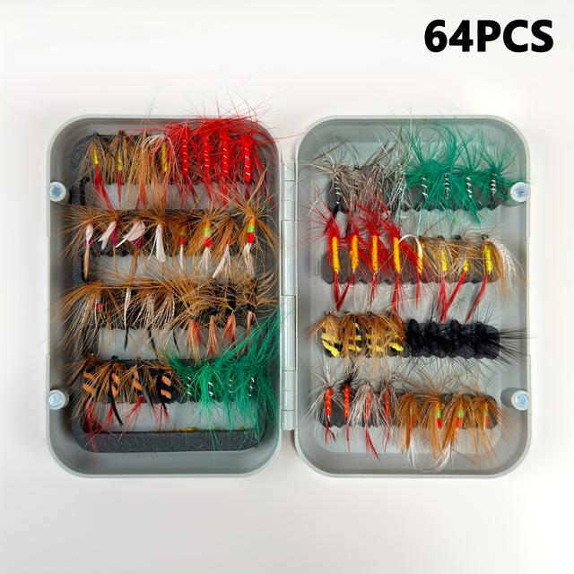 TEMU A 64pcs Fly Fishing Bait Kit, Handcrafted, Includes Hooks, Dry Flies, And Insect Lures, Perfect For Float Fishing, Designed For Catching Trout And With High Carbon Steel Baits