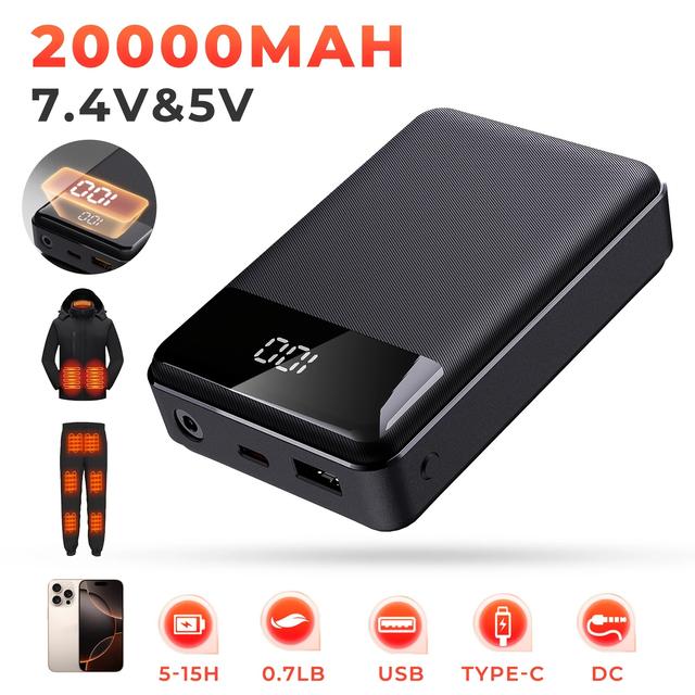 TEMU Heated Vest Battery Pack 20, 000mah 7.4v/ 5v, Battery Pack For Heated Vest, /usb- Ports, Led Display, Fast Charging, For Heated Clothing, , Coat, Sleeping Bag